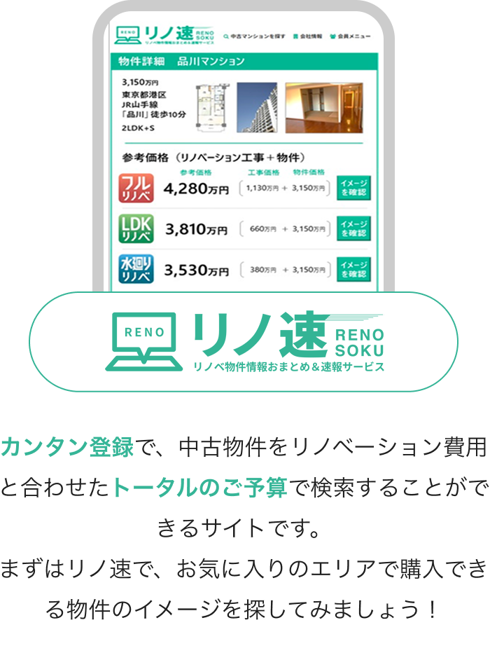 カンタン登録で、中古物件をリノベーション費用と合わせたトータルのご予算で検索することができるサイトです。まずはリノ速で、お気に入りのエリアで購入できる物件のイメージを探してみましょう！