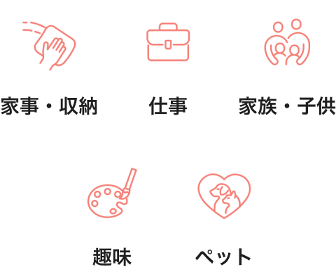 家事・収納、仕事、家族・子供、趣味、ペット