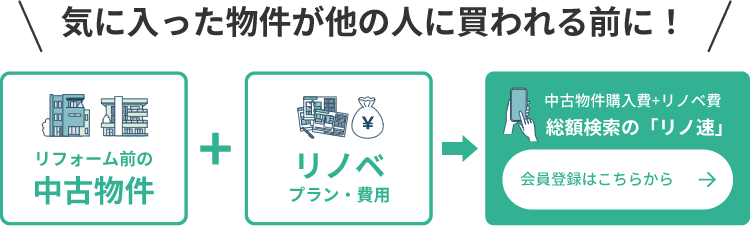 気に入った物件が他の人に買われる前に！中古物件購入費+リノベ費総額検索の「リノ速」